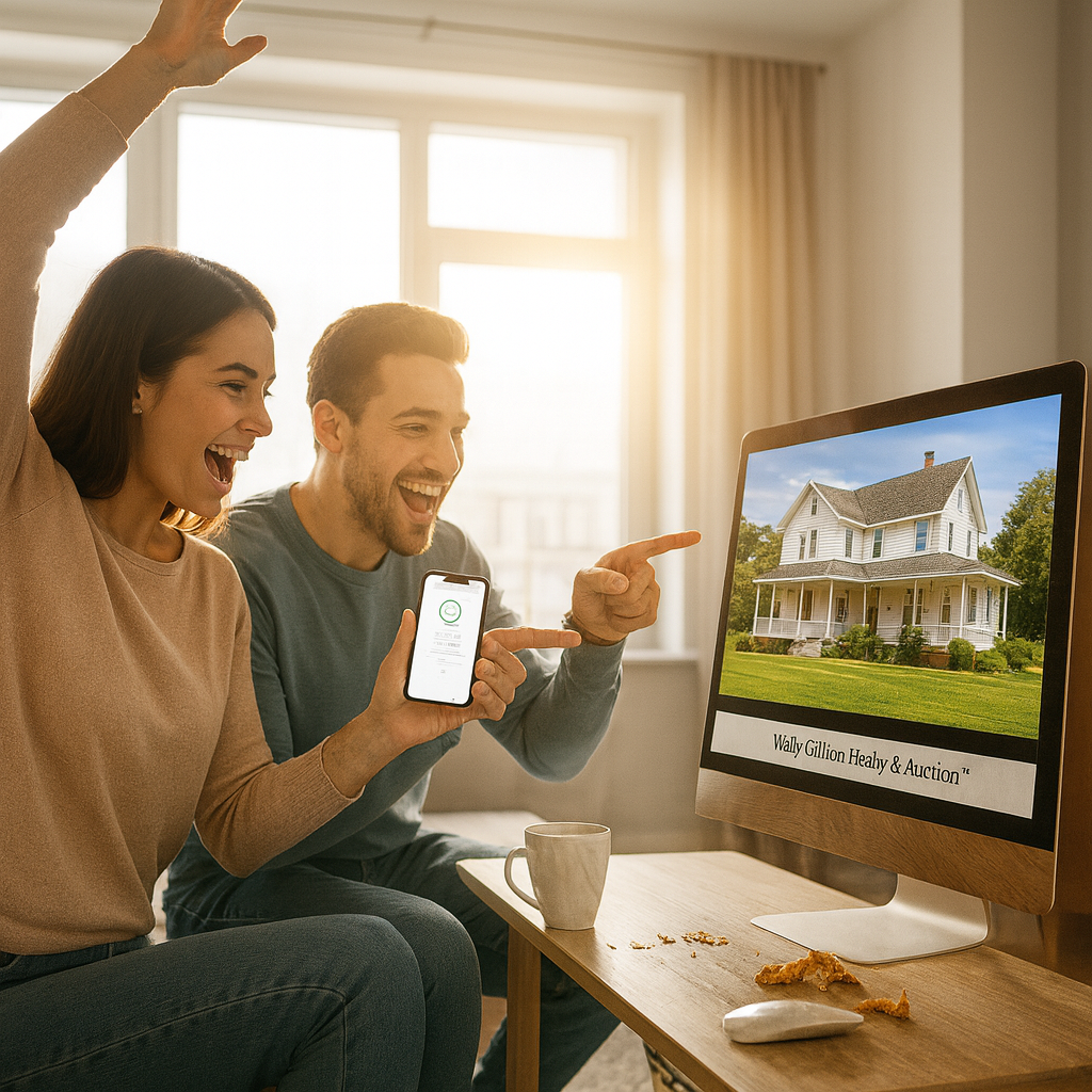 A joyful couple celebrates a successful online bid, bathed in golden Tennessee light, connecting modern convenience with the trusted Gilliam brand.