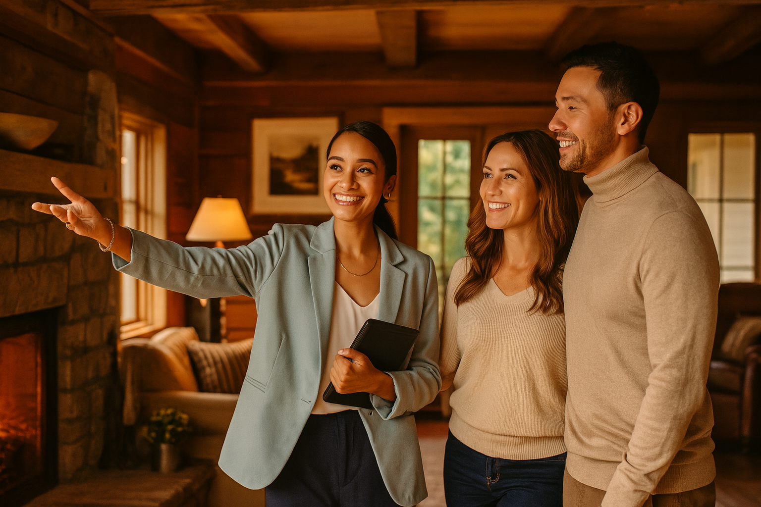 A professional real estate agent happily shows a stylish, updated estate home to a smiling couple in their 30s. The cozy, wood-accented interior and golden light create an inviting Southern charm — Wally Gilliam Realty & Auction, Sumner County