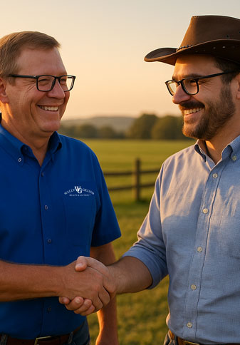 Two smiling men—one wearing a Wally Gilliam blue shirt and the other a client in a cowboy hat—stand close together, shaking hands in a warm Tennessee sunset. The background features rolling hills, pasture, and fencing, perfectly capturing trust, authenticity, and local connection.