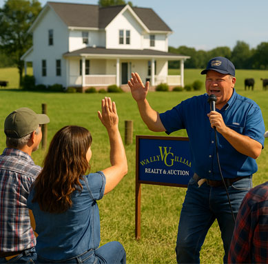 Sunny-day auction featuring a white farmhouse, green pastures, and black Angus cattle in the background. The auctioneer leads the event before an engaged, friendly crowd of mixed ages — perfectly reflecting Wally Gilliam Realty & Auction’s trusted, community-driven brand.