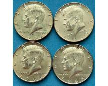Four 1964 Kennedy half dollar coins arranged in 2x2 grid on blue background with Liberty text and Kennedy profile.
