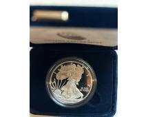 Silver American Eagle coin with Walking Liberty design in protective case inside blue velvet box.
